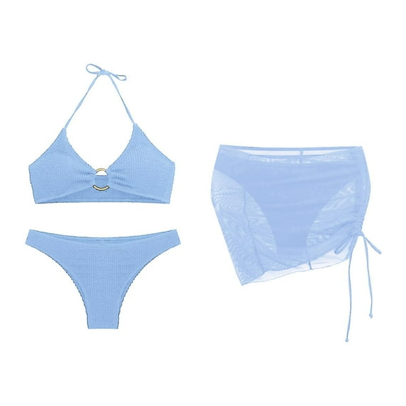 Huowey Women Swimwear 3PCS Bathing Suits Halter Ring Bikini Set With Cover Up Skirt Resort Swim Wear Honeymoon Cruise Trendy Wear