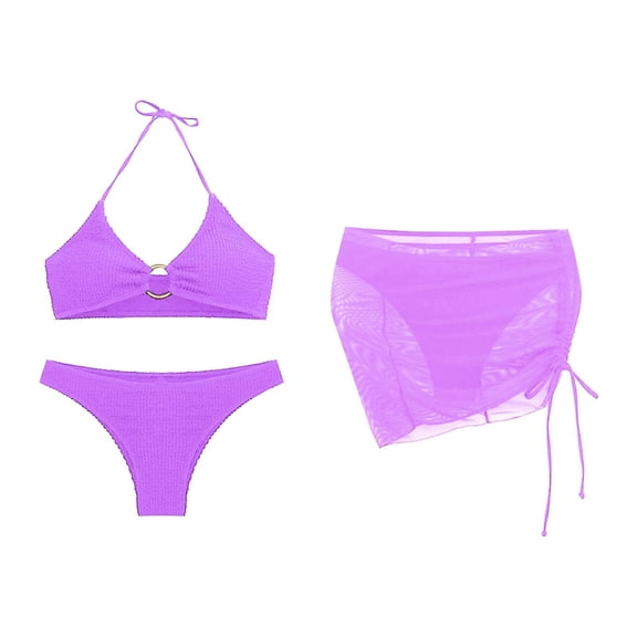 Huowey Women Swimwear 3PCS Bathing Suits Halter Ring Bikini Set With Cover Up Skirt Tropical Swim Wear Honeymoon Cruise Trendy Wear