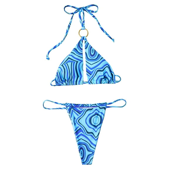 Huowey Women Swimwear Beach Personality Fashion Comfortable Sun Stripe Print Solid Color Separate Swimsuit Set Pool Bathing Suit Honeymoon Cruise Trendy Wear