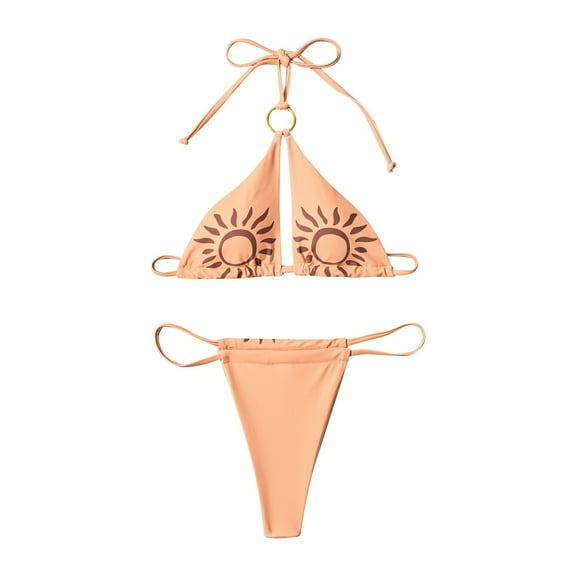 Huowey Women Swimwear Beach Personality Fashion Comfortable Sun Stripe Print Solid Color Separate Swimsuit Set Pool Bathing Suit Honeymoon Cruise Trendy Wear