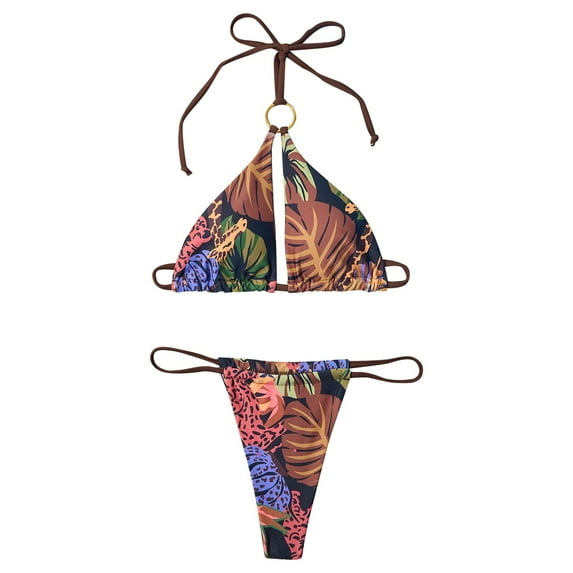 Huowey Women Swimwear Beach Personality Fashion Comfortable Sun Stripe Print Solid Color Separate Swimsuit Set Vacation Beachwear Honeymoon Cruise Trendy Wear