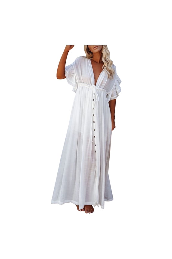 Women Swimwear Button Button Waist Rope Long Dress Cardigan Vacation Beach Jacket Sunscreen Jacket Long Skirt Bikini Cover Up Brazilian Beachwear Honeymoon Cruise Trendy Wear