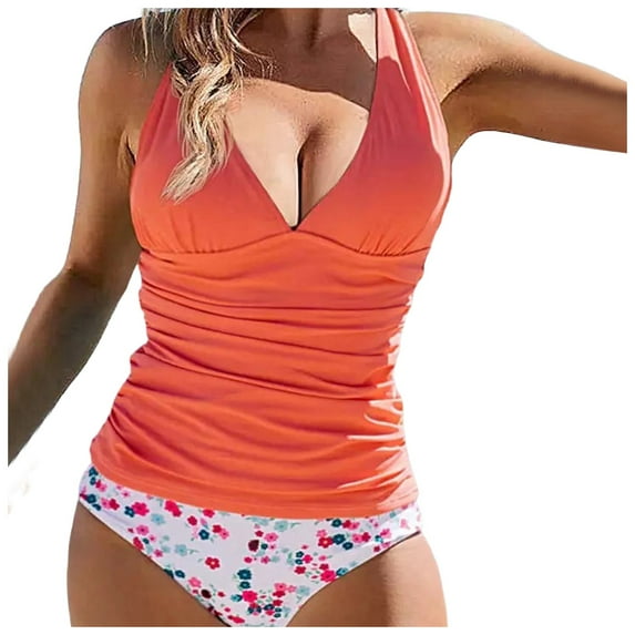 Huowey Women Swimwear Cute Floral Print Swimsuits V-Neck Tankini Set Boho Bathing Suit Honeymoon Cruise Trendy Wear