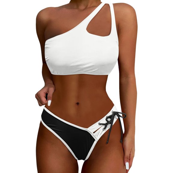 Huowey Women Swimwear High Waist Bikini 2PCS Set One Shoulder Tie Bikini Push Up Swimsuit Pool Bathing Suit Honeymoon Cruise Trendy Wear