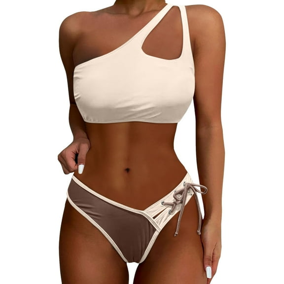 Huowey Women Swimwear High Waist Bikini 2PCS Set One Shoulder Tie Bikini Push Up Swimsuit Tropical Swim Wear Honeymoon Cruise Trendy Wear