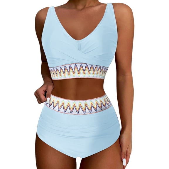 Huowey Women Swimwear High Waisted Bikini Sets 2PCS High Cut Bathing Suits Athletic Color Block Swimsuits Brazilian Beachwear Honeymoon Cruise Trendy Wear