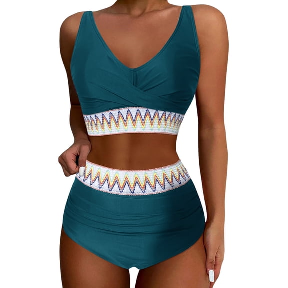 Huowey Women Swimwear High Waisted Bikini Sets 2PCS High Cut Bathing Suits Athletic Color Block Swimsuits Tropical Swim Wear Honeymoon Cruise Trendy Wear