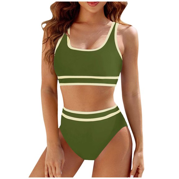 Huowey Women Swimwear High Waisted Bikini Sets Sporty 2PCS Swimsuit Color Block High Cut Bathing Suits Boho Bathing Suit Honeymoon Cruise Trendy Wear