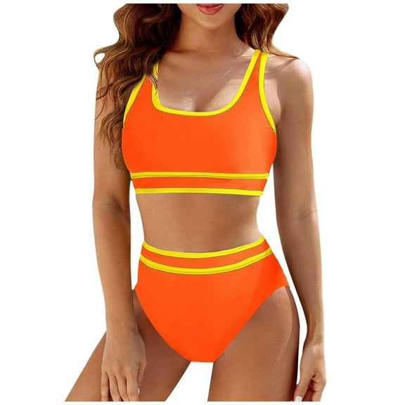 Huowey Women Swimwear High Waisted Bikini Sets Sporty 2PCS Swimsuit Color Block High Cut Bathing Suits Pool Bathing Suit Honeymoon Cruise Trendy Wear