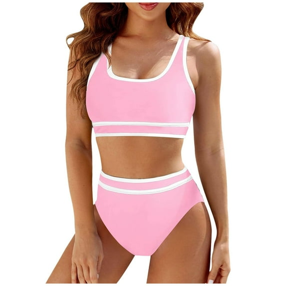 Huowey Women Swimwear High Waisted Bikini Sets Sporty 2PCS Swimsuit Color Block High Cut Bathing Suits Resort Swim Wear Honeymoon Cruise Trendy Wear