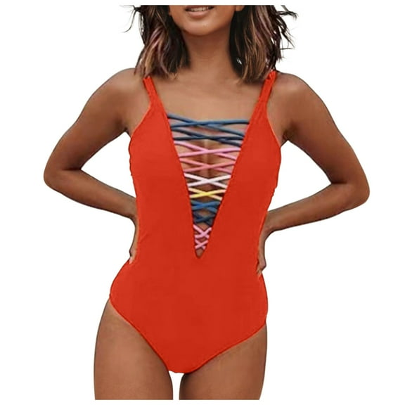 Huowey Women Swimwear Independence Day Print Square Neck Open Back High Cut Monokini Swimsuit Vacation Beachwear Honeymoon Cruise Trendy Wear