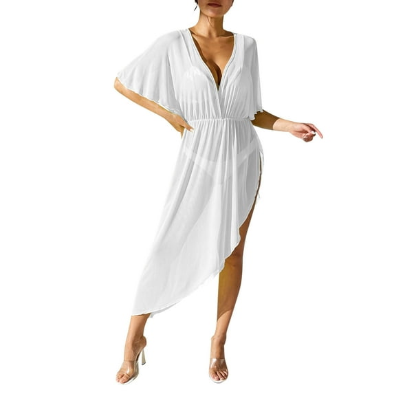 Huowey Women Swimwear Irregular Hem Beach Cover Up Dress Sheer Batwing Sleeve Waist Tie Maxi Dress Beach Vacation Swim Wear Honeymoon Cruise Trendy Wear