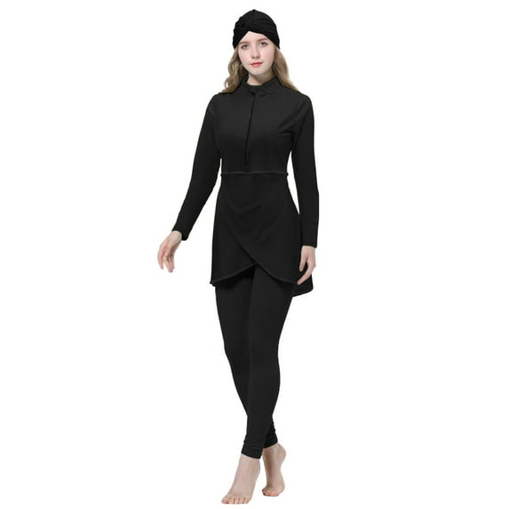 Huowey Women Swimwear Oversized Swimsuit Conservative Swimsuit Long Sleeve Trousers Swim Cap 3PCS Swimsuit Tropical Swim Wear Honeymoon Cruise Trendy Wear