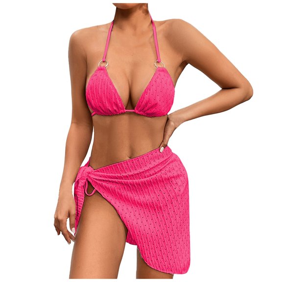 Huowey Women Swimwear Personality Fashion Comfortable Solid Color 3PCS Swimsuit Vacation Beachwear Honeymoon Cruise Trendy Wear