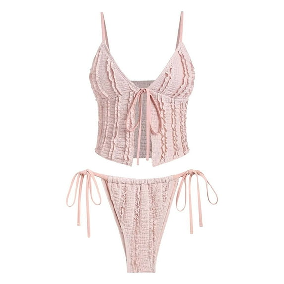 Huowey Women Swimwear Ruffled Trim Textured Tied Side Tanga Tankini Set Bohemian Bathing Suit Honeymoon Cruise Trendy Wear