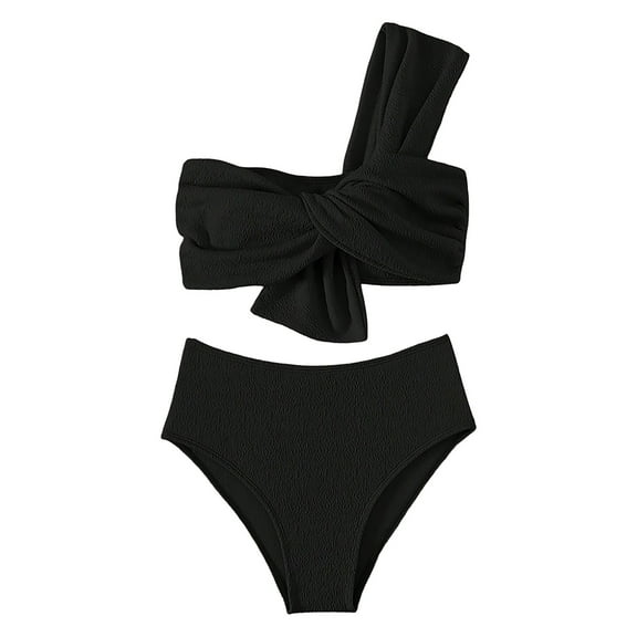Huowey Women Swimwear Single Shoulder High Waist Gathered Solid Color Split Swimsuit Resort Swim Wear Honeymoon Cruise Trendy Wear