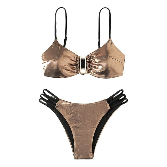 Huowey Women Swimwear Solid Color Backless Beach High Waisted Split Swimsuit Set Boho Bathing Suit Honeymoon Cruise Trendy Wear