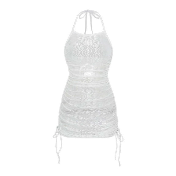 Huowey Women Swimwear Solid Color Swim Cover Up Dress With Drawstring Beach Mesh Skirt Boho Bathing Suit Honeymoon Cruise Trendy Wear