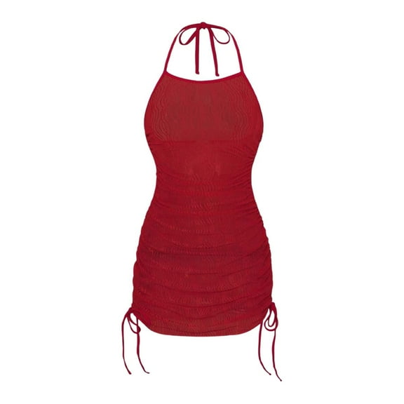 Huowey Women Swimwear Solid Color Swim Cover Up Dress With Drawstring Beach Mesh Skirt Pool Bathing Suit Honeymoon Cruise Trendy Wear