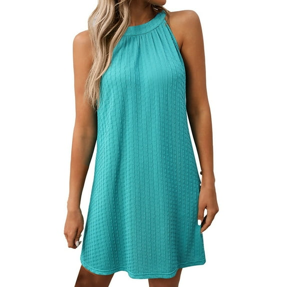 Huowey Women Swimwear Spring/Summer Solid Color Round Neck Sleeveless Loose Dress Brazilian Beachwear Honeymoon Cruise Trendy Wear