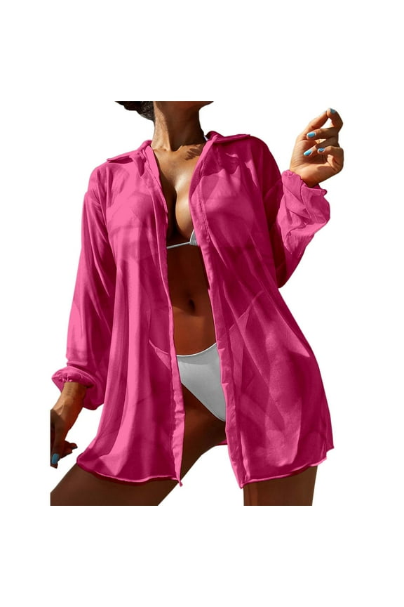 Women Swimwear Summer Beach Cover Up Long Sleeve Sheer Cardigan Sun Vacation Outerwear Resort Swim Wear Honeymoon Cruise Trendy Wear