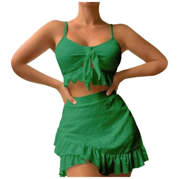 Huowey Women Swimwear Summer Leisure Beach Solid Color Wrap Skirt 3PCS Swimsuit Brazilian Beachwear Honeymoon Cruise Trendy Wear