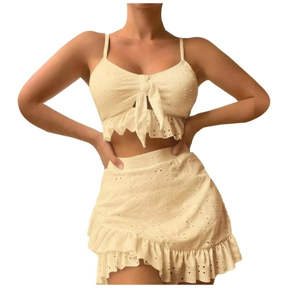 Huowey Women Swimwear Summer Leisure Beach Solid Color Wrap Skirt 3PCS Swimsuit Pool Bathing Suit Honeymoon Cruise Trendy Wear