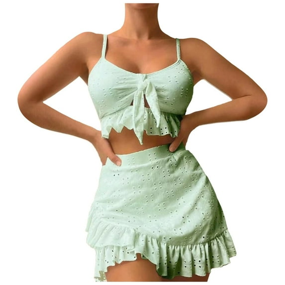 Huowey Women Swimwear Summer Leisure Beach Solid Color Wrap Skirt 3PCS Swimsuit Vacation Beachwear Honeymoon Cruise Trendy Wear