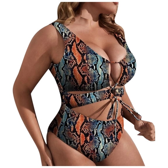 Huowey Women Swimwear Summer Plus Size Leopard Tie Front Monokini Bohemian Bathing Suit Honeymoon Cruise Trendy Wear