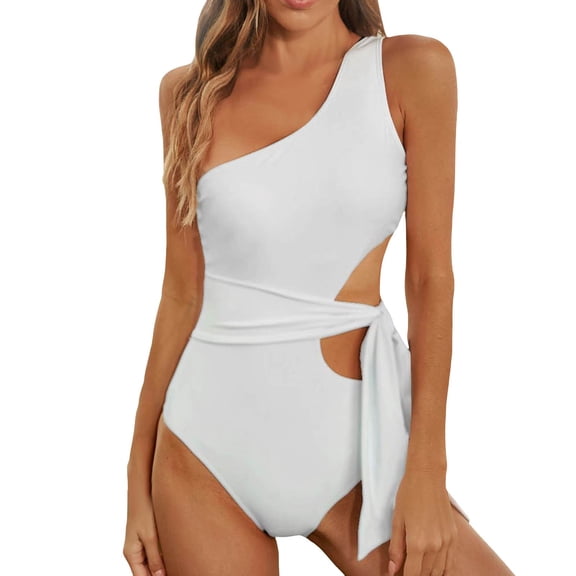 Huowey Women Swimwear Swimsuit Monokini Solid Colors One Shoulder Monokinis Tie Side Hollow Bathing Suits Bohemian Bathing Suit Honeymoon Cruise Trendy Wear