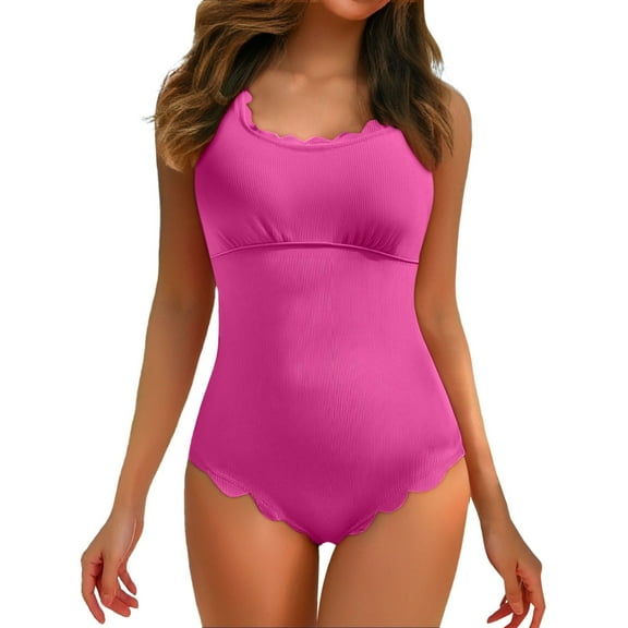 Huowey Women Swimwears Scalloped Ribbed Swimsuits Retro Square Neck Bathing Suits Beach Vacation Swim Wear Honeymoon Cruise Trendy Wear