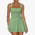 thumbnail image 1 of Huowey Women Tennis Dress Sleeveless Wide Strap Popular Square Neck High Waist Ruched A-Line Ruffle Tiered Flowy Athletic Sport Workout Yoga Mini Dresses,Green,M, 1 of 8