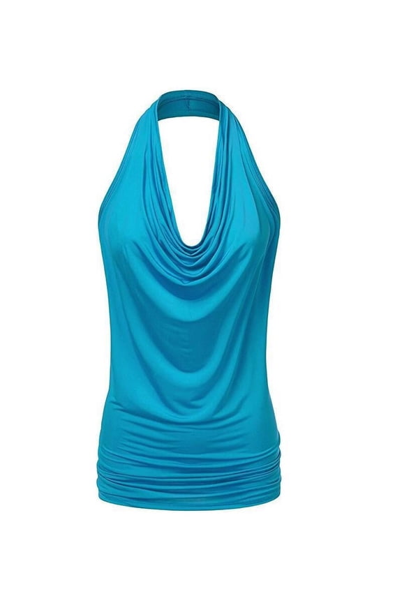 Women Trendy Halter Drape Cowl Neck Tank Blouse Solid Color Backless Sleeveless Slim Fit Ruched Tops Fashionable Breathable Cozy Comfortable Summer Party Beach Holiday Elegant Shirts ,BU3,XL