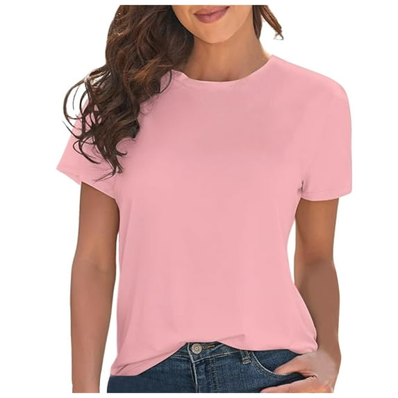 Huowey Women Tshirts Loose Fit Basic T Shirts Short Sleeve Crewneck Tops Casual Loose Fit T Shirts Cute Solid Basic Trendy Tops,Light Pink,L