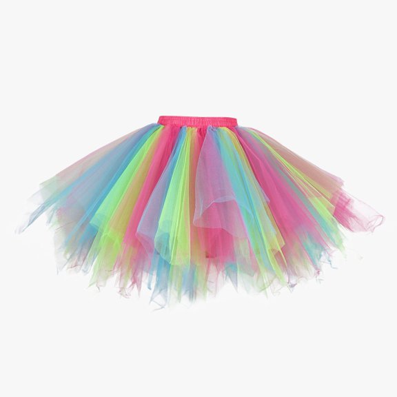 Huowey Women Tutu Mini Skirt Elastic Waist Pleated Mesh Rainbow Ruffles Tiered Soft Drape Short A Line Elegant Ruched Layered Flowy Short Skirts,Hot Pink,M