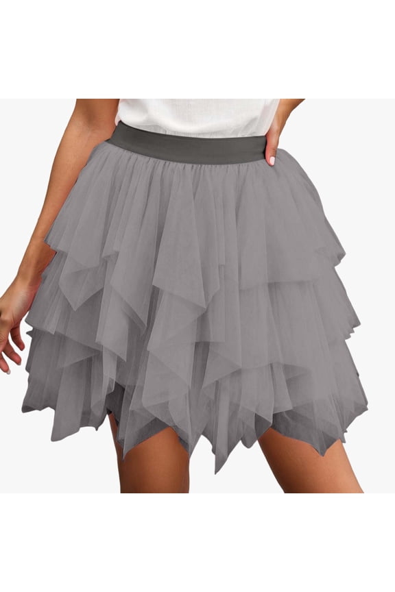 Women Tutu Mini Skirt Elastic Waist Pleated Mesh Solid Color Ruffles Tiered Soft Drape Short A Line Elegant Ruched Layered Flowy Irregular Short Skirts,Grey,XL