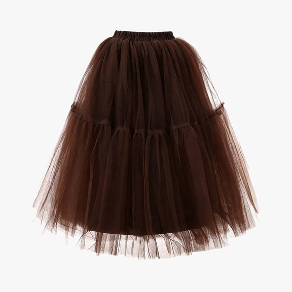 Huowey Women Tutu Mini Skirt Elastic Waist Pleated Mesh Solid Color Ruffles Tiered Soft Drape Short A Line Elegant Ruched Layered Flowy Irregular Short Skirts,Coffee,XL