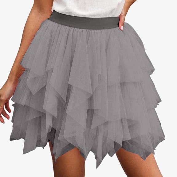 Huowey Women Tutu Mini Skirt Elastic Waist Pleated Mesh Solid Color Ruffles Tiered Soft Drape Short A Line Elegant Ruched Layered Flowy Irregular Short Skirts,Grey,L