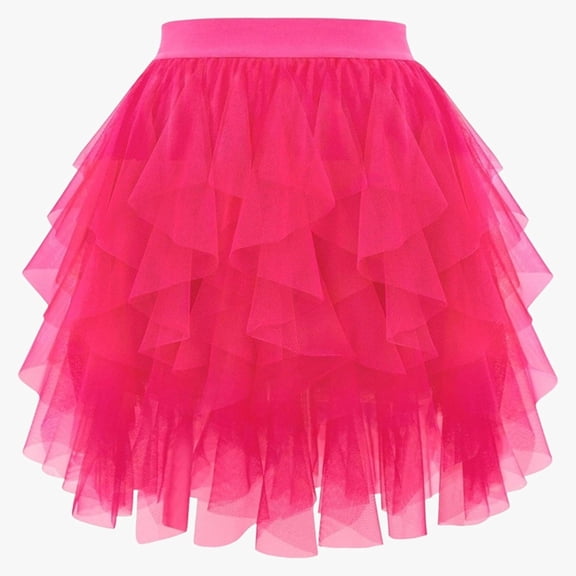 Huowey Women Tutu Mini Skirt Elastic Waist Pleated Mesh Solid Color Ruffles Tiered Soft Drape Short A Line Elegant Ruched Layered Flowy Short Skirts,Hot Pink,L