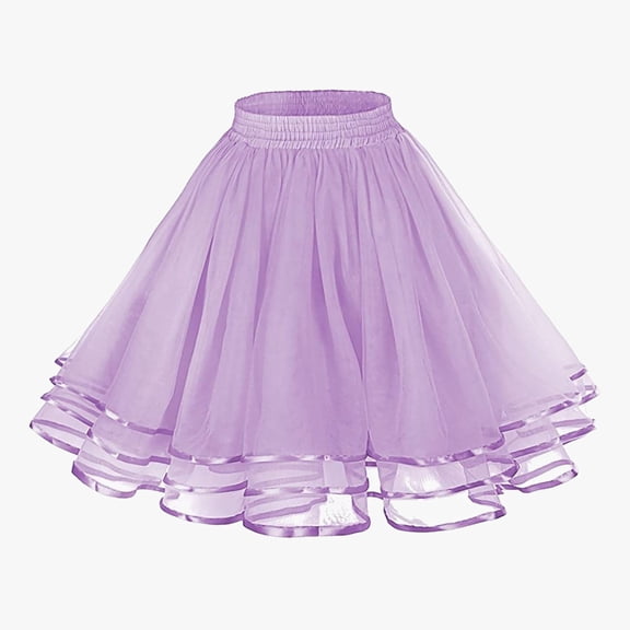 Huowey Women Tutu Mini Skirt Elastic Waist Pleated Mesh Solid Color Ruffles Tiered Soft Drape Short A Line Elegant Ruched Layered Flowy Short Skirts,Purple,One Size