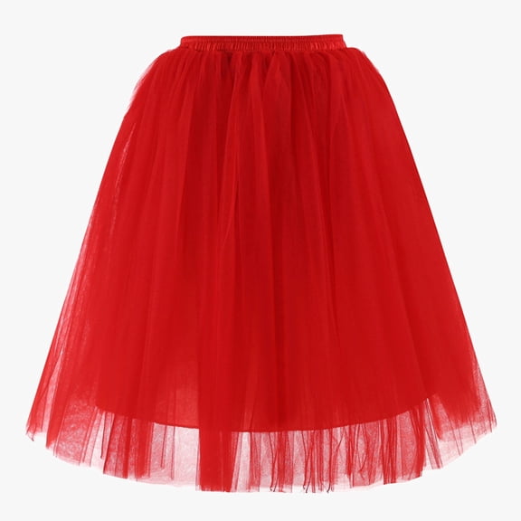 Huowey Women Tutu Mini Skirt Elastic Waist Pleated Mesh Solid Color Ruffles Tiered Soft Drape Short A Line Elegant Ruched Layered Flowy Short Skirts,Red,XL
