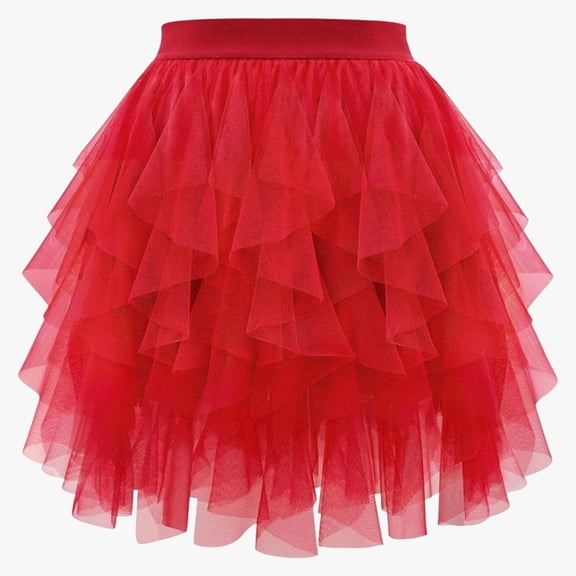 Huowey Women Tutu Mini Skirt Elastic Waist Pleated Mesh Solid Color Ruffles Tiered Soft Drape Short A Line Elegant Ruched Layered Flowy Short Skirts,Red,M