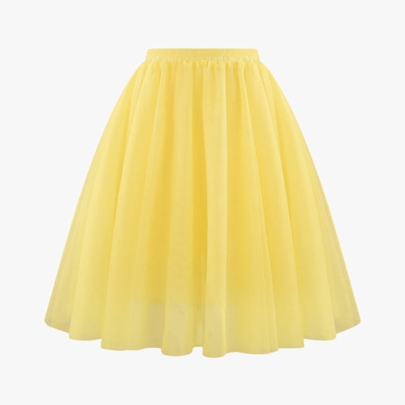 Huowey Women Tutu Mini Skirt Elastic Waist Pleated Mesh Solid Color Ruffles Tiered Soft Drape Short A Line Elegant Ruched Layered Flowy Short Skirts,Yellow,XL