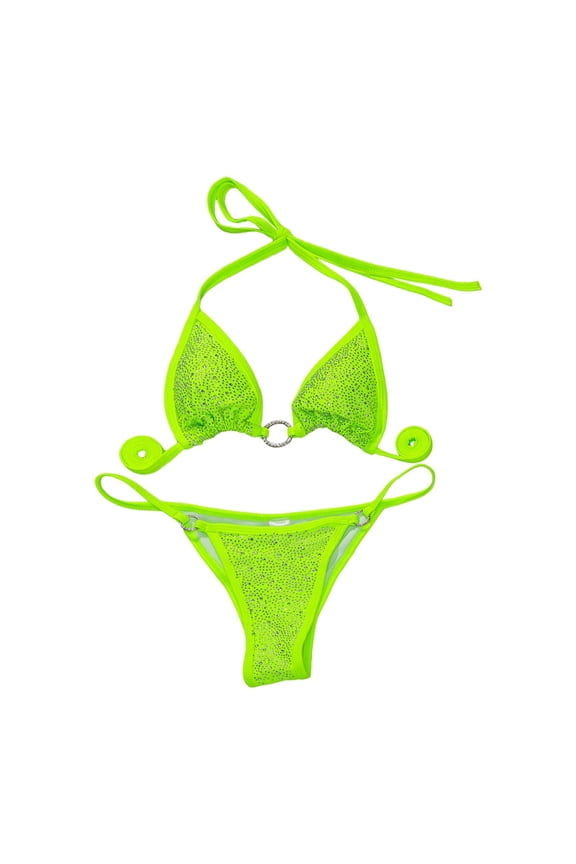 Women Two Piece Swimsuits Sequin Halter Backless Lace Up Solid Color Deep Triangle V-Neck Bandeau Bandage Thong Bikini Set Push Up Brazilian Swimwear Beachwear Bathing Suit,White,L