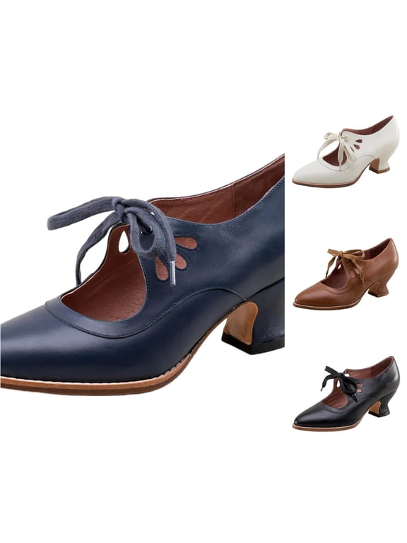 Women Vintage T Strap Bow Mary Jane Pumps Hollow Out Pointed Toe Low Heel Leather Dress Shoes Lace Up Comfort Retro Formal Work Walking Party Wedding Heels,Blue,6.5