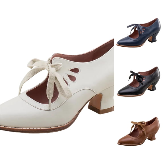 Huowey Women Vintage T Strap Bow Mary Jane Pumps Hollow Out Pointed Toe Low Heel Leather Dress Shoes Lace Up Comfort Retro Formal Work Walking Party Wedding Heels,White,7.5
