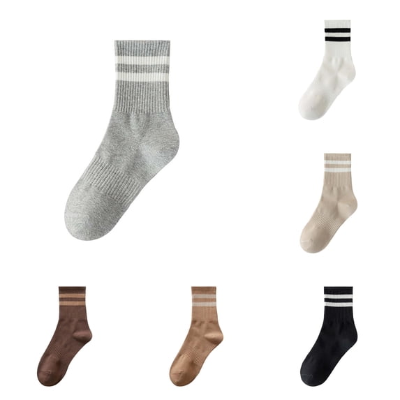 Huowey Women's Crew Socks Striped Casual Socks Breathable Stretchy Retro Preppy Cozy Daily Wear Socks,Grey