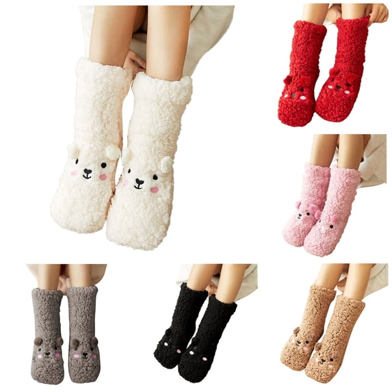 Huowey Women's Fuzzy Crew Socks Cute Animal Theme Thick Floor Casual Socks Soft Fall Winter Warm Lounging Home Socks,White