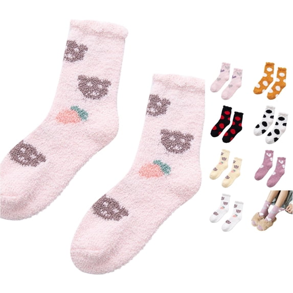 Huowey Women's Fuzzy Crew Socks Thick Floor Casual Socks Ruffles Polka Dot Pattern Comfort Fall Winter Warm Lounging Home Socks