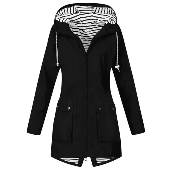 Huowey Women's Jacket Hooded Drawstring Full Zipper Windproof Coat Long Sleeve With Pockets Mid Length Rain Coat For Women Hiking Active Outdoor Windbreaker Waterproof Jacket Dailywear